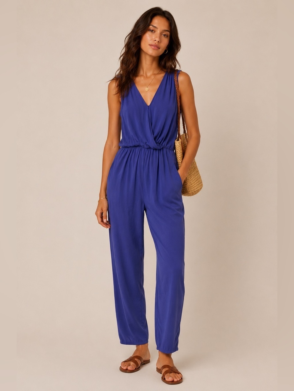 DANBEE Solid Blue Elastic waist Sleeveless Jumpsuit size XL